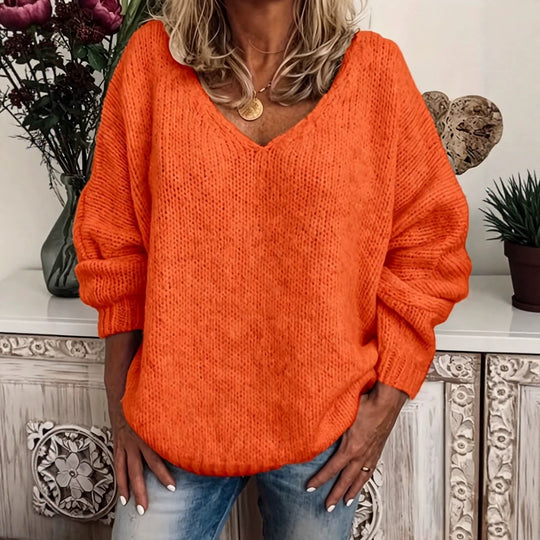 Damen Legerer V-Ausschnitt Pullover aus feiner Waffelstrickstruktur mit überschnittener Schulter EB
