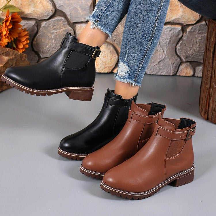 Damen Wildleder-Optik Chelsea-Stiefelette mit dekorativem Schnallenriemen, elastischem Einsatz und grober Profilsohle EB