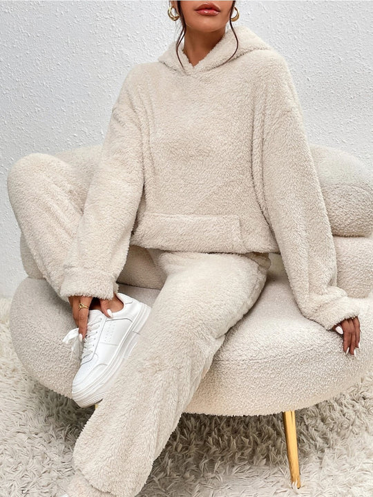 Damen nan kuscheliges Teddy-Fleece Hausanzug-Set mit Kapuze, Kängurutasche und elastischer Jogginghose EB