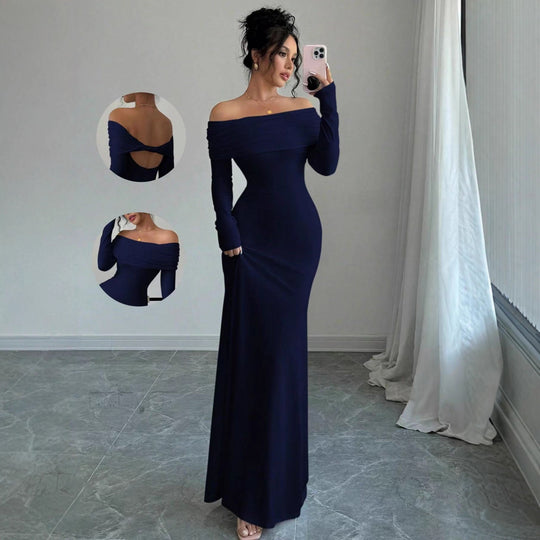 Damen Elegantes Off-Shoulder-Maxikleid mit figurbetontem Schnitt und langen Ärmeln EB