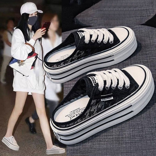 Damen Plattform Sneaker mit luftiger Canvas-Oberfläche und rutschfester Sohle EB