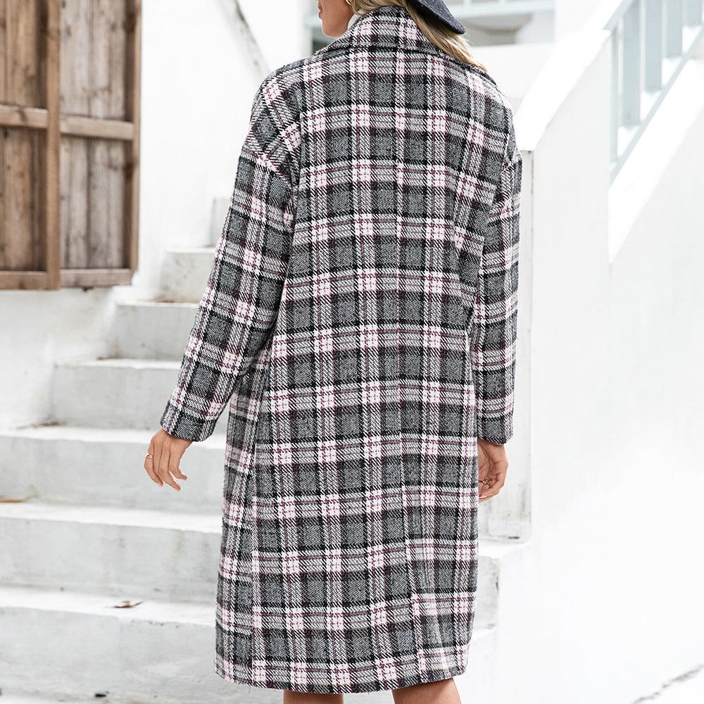 Damen Oversized Karo-Mantel im eleganten Double-Breasted Design EB