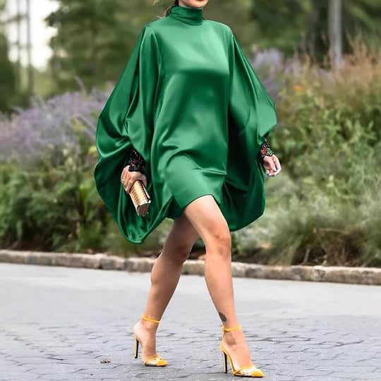 Damen modisches Übergröße Minikleid mit voluminösen Ärmeln und elegantem Stehkragen EB