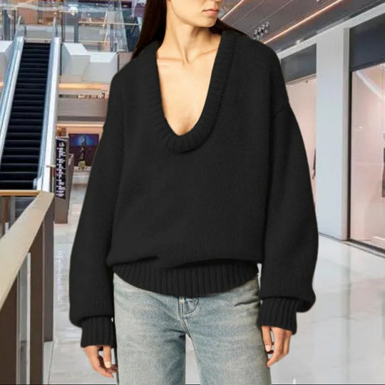 Damen Strickpullover mit V-Ausschnitt und lässigem Schnitt EB