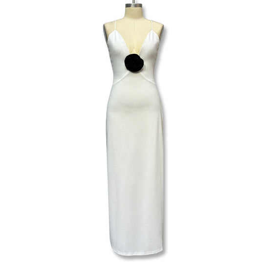 Damen Elegantes Maxikleid mit tiefer V-Ausschnitt und dekorativer Blüte EB