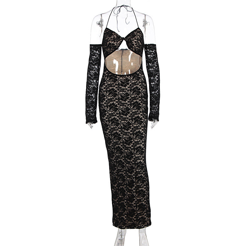 Damen aufregendes Spitzenkleid mit tiefem Rückenausschnitt und langem Arm EB
