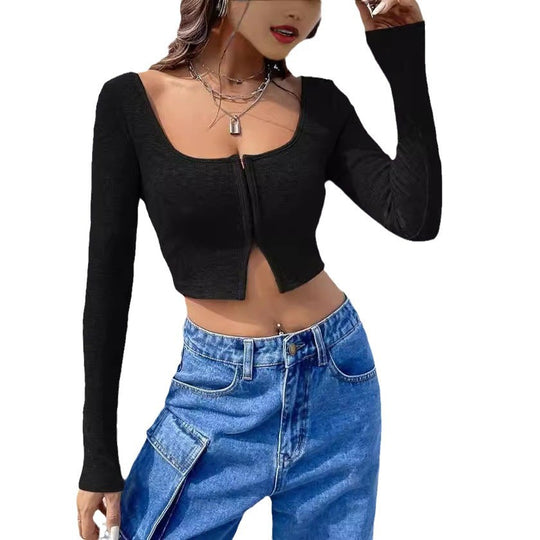 Damen Cropped Oberteil mit Reißverschluss und langem Arm EB