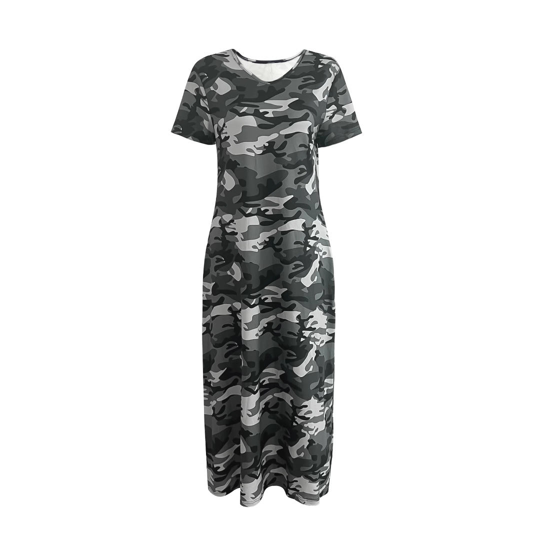 Damen Maxi-Kleid mit modernem Camouflage-Design und praktischen Taschen EB