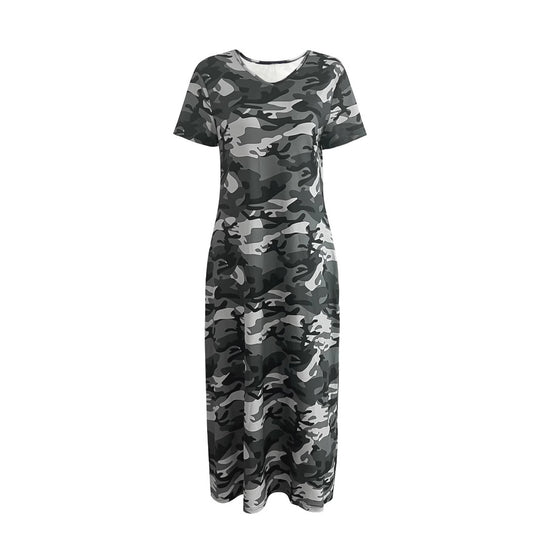 Damen Maxi-Kleid mit modernem Camouflage-Design und praktischen Taschen EB