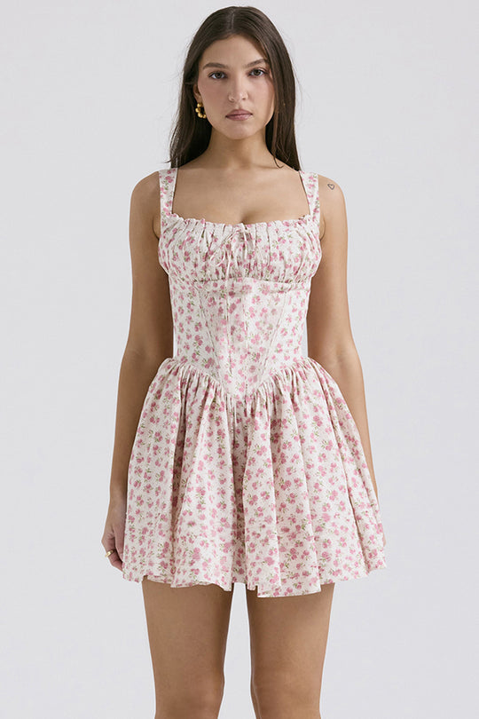 Damen Minikleid mit schulterfreien Rüschendetails und verspieltem Blumenmuster EB
