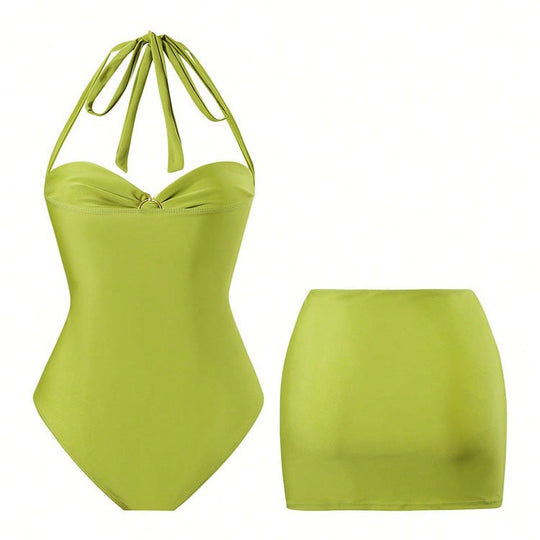 Damen Designer Badeanzug mit elegantem Wickeldesign und goldenen Akzenten EB