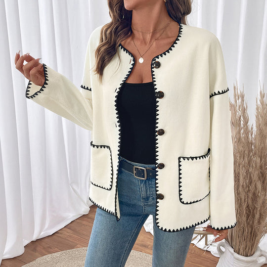 Damen modische Strickjacke mit einzigartigen Kontrastnähten EB
