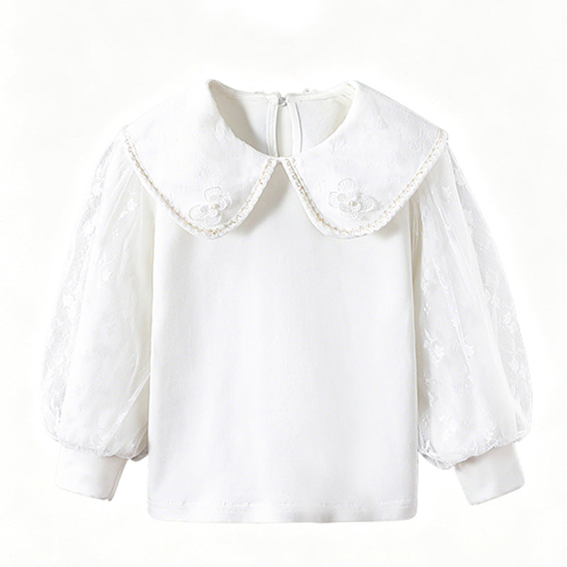 Mädchen Bluse mit elegantem Tüllkragen und floralen Applikationen EB