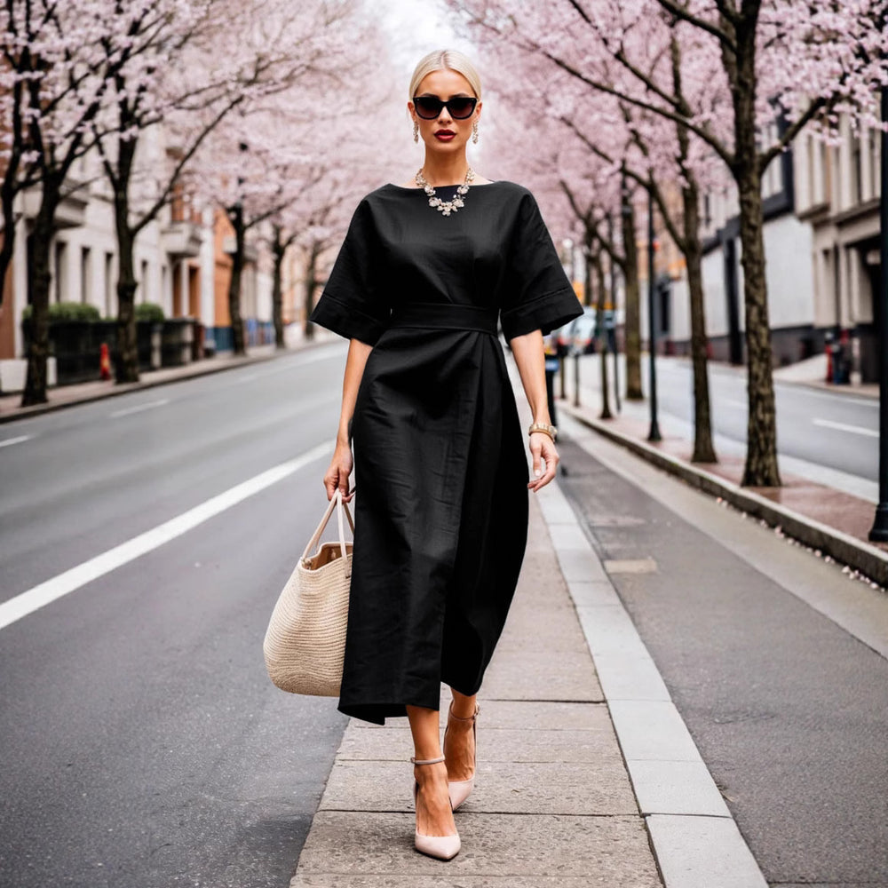 Damen elegantes Midikleid mit breitem Taillengürtel und weiten Ärmeln EB