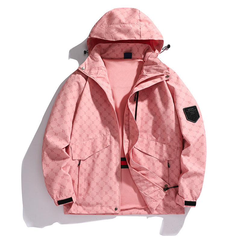 Herren Kapuzen-Softshelljacke mit Allover‑Monogramm, atmungsaktivem Meshfutter und Reißverschlusstaschen EB