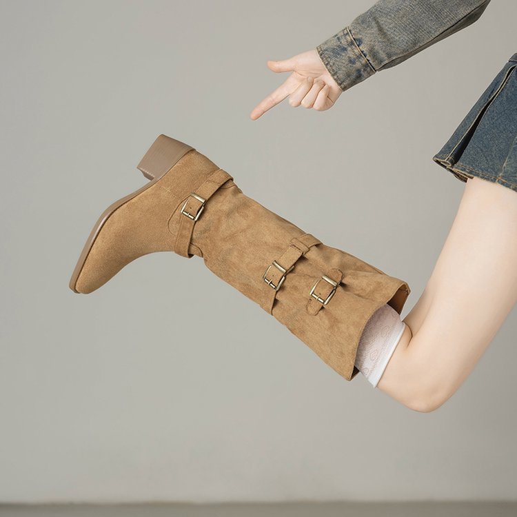 Damen Overknee Stiefel mit modischen Schnallen EB