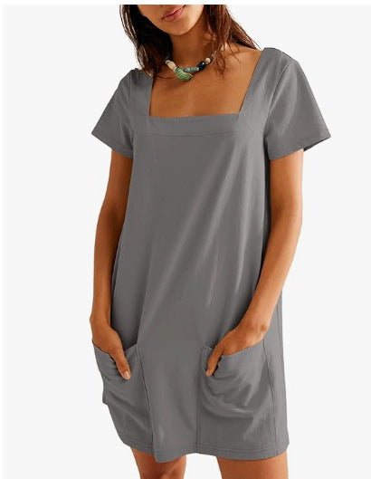 Damen Lockeres Sommerkleid mit Quadrat-Ausschnitt und praktischen Taschen EB