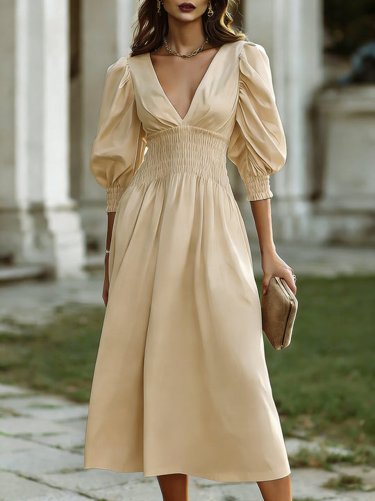 Damen Maxikleid mit schmaler Taille und Puffärmeln EB