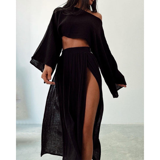 Damen Zweiteiliges Maxikleid mit Off-Shoulder-Design und Schlitz EB
