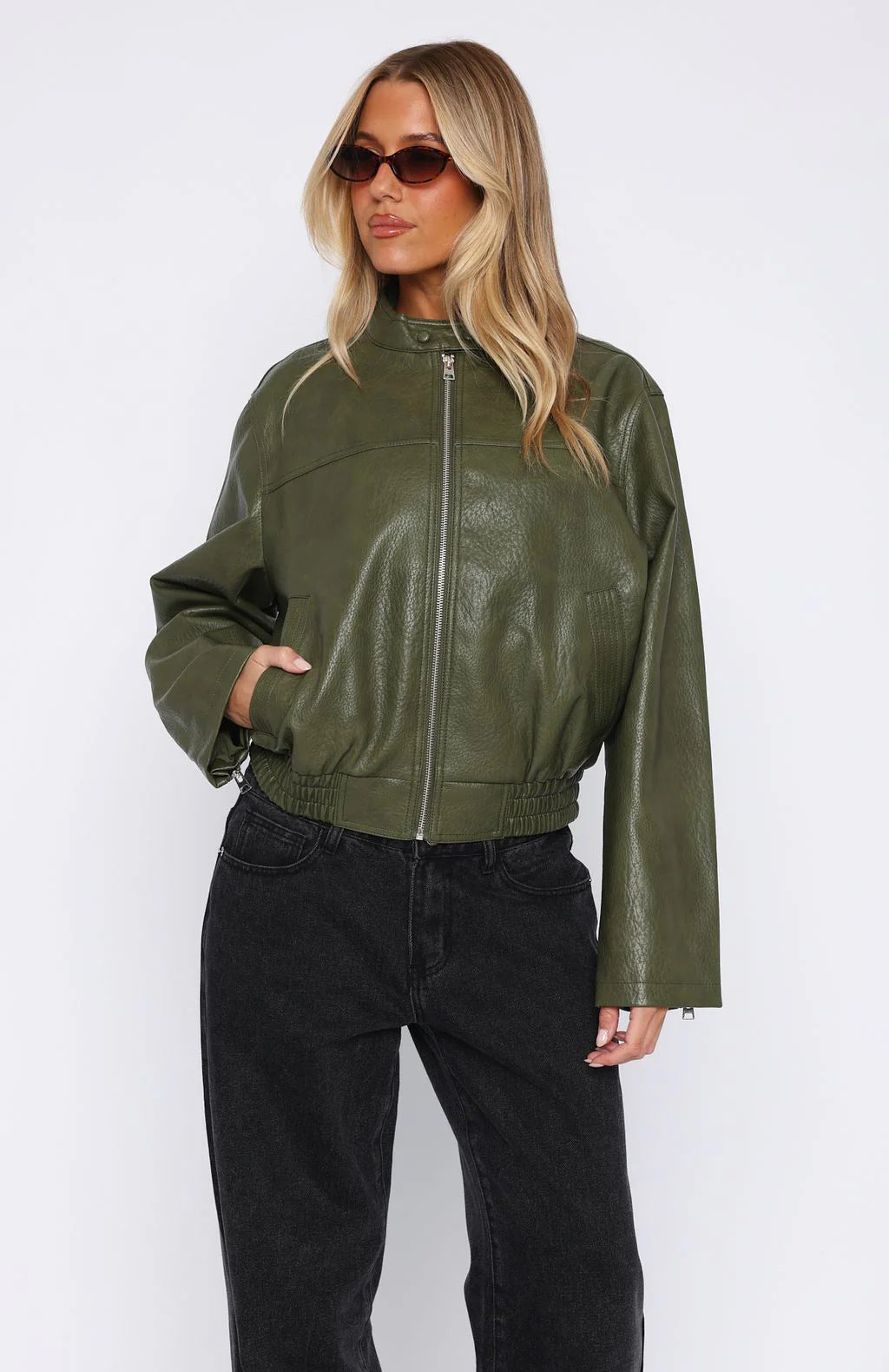 Damen Kunstleder Jacke mit elastischem Bund und hohem Stehkragen EB