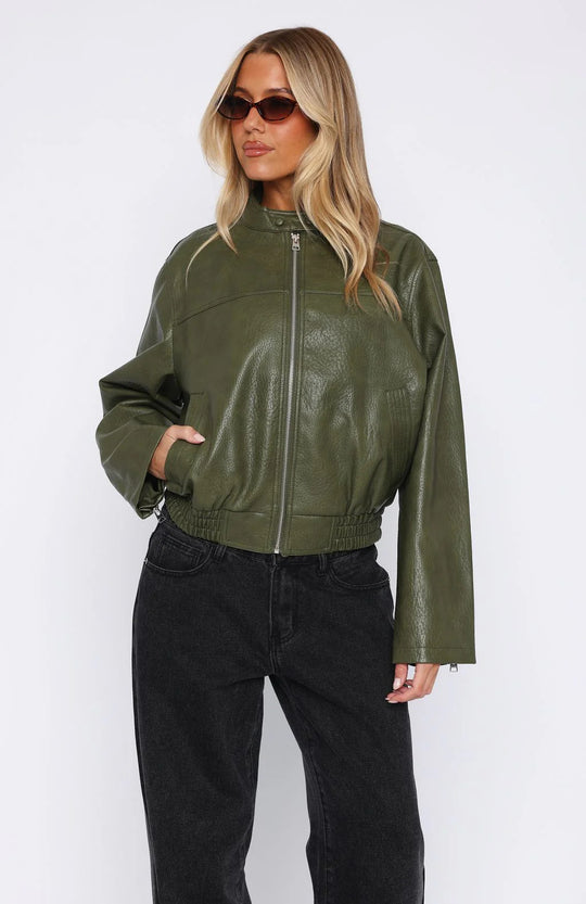 Damen Kunstleder Jacke mit elastischem Bund und hohem Stehkragen EB