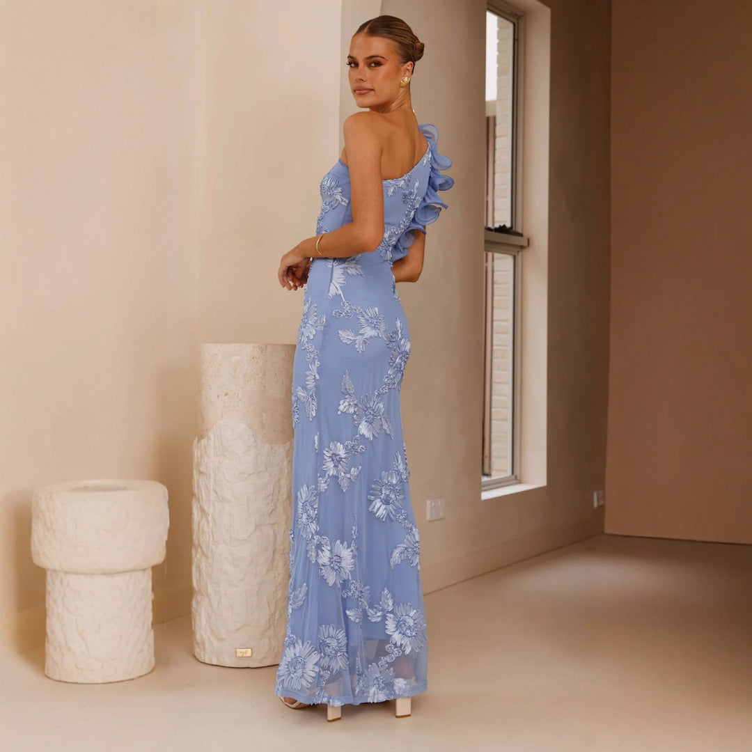 Damen Elegantes und figurbetontes Maxikleid mit asymmetrischem Träger und floralen Applikationen EB