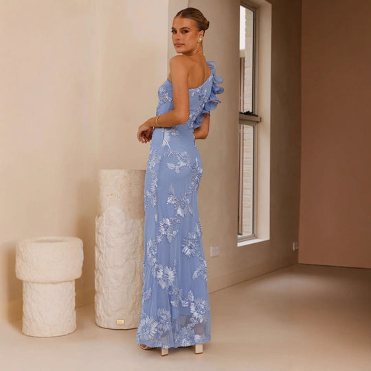 Damen Elegantes und figurbetontes Maxikleid mit asymmetrischem Träger und floralen Applikationen EB
