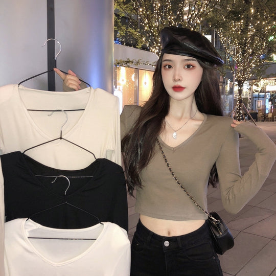 Damen Cropped Langarmshirt mit modischem V-Ausschnitt und bequemen Materialien EB