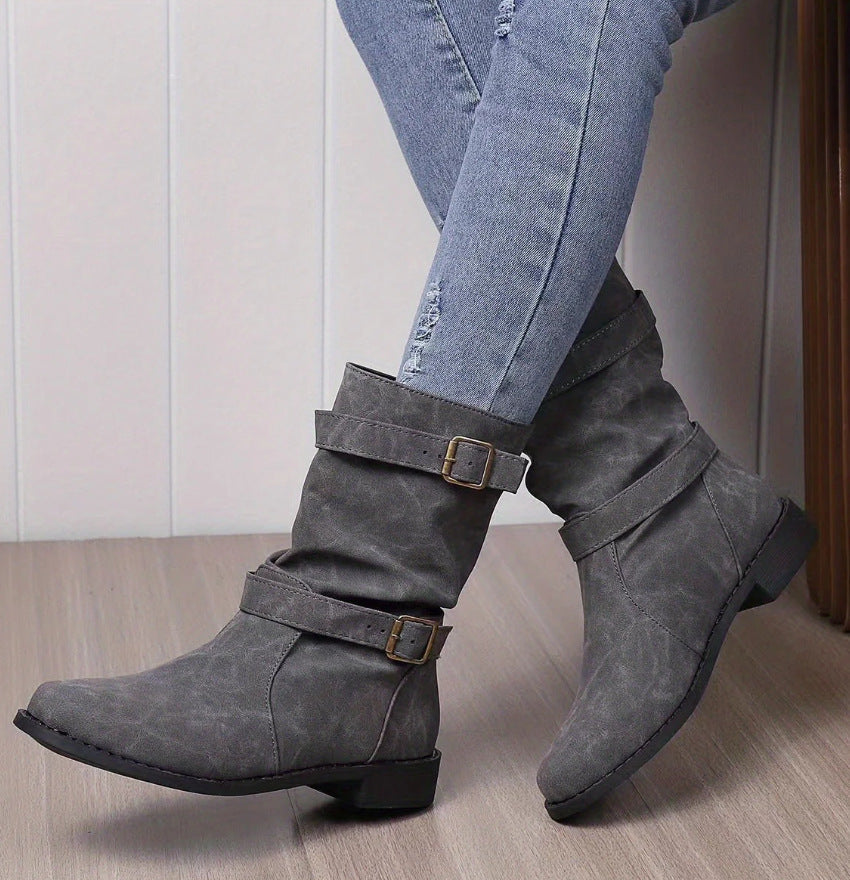 Damen nan lässige Slouch-Ankleboots mit zwei Zier-Riemen und dekorativen Metallschnallen EB
