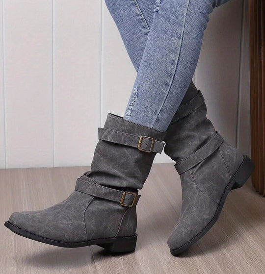Damen nan lässige Slouch-Ankleboots mit zwei Zier-Riemen und dekorativen Metallschnallen EB