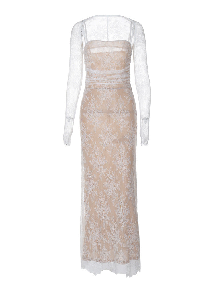 Damen Spitzennachtkleid mit transparenten Ärmeln und figurformendem Schnitt EB