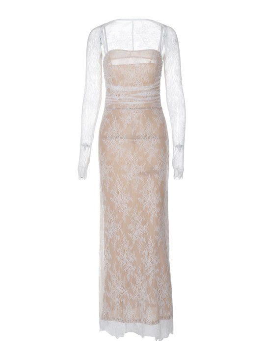 Damen Spitzennachtkleid mit transparenten Ärmeln und figurformendem Schnitt EB
