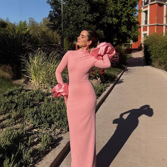 Damen Maxikleid mit rüschenförmigen Ärmeln und elegantem Stehkragen EB