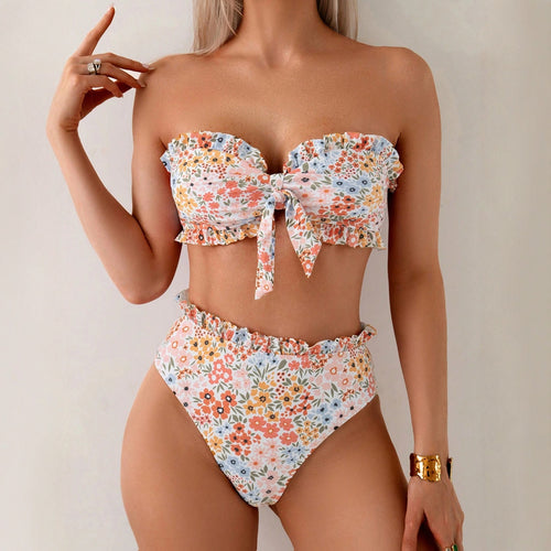 Damen Bandeau-Bikini mit floralem Rüschendesign EB
