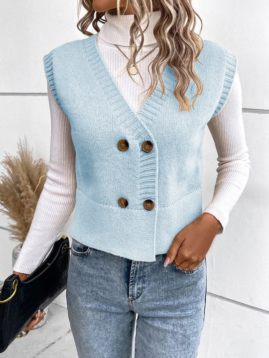 Damen Strickweste mit doppelter Knopfleiste und stylischem V-Ausschnitt EB