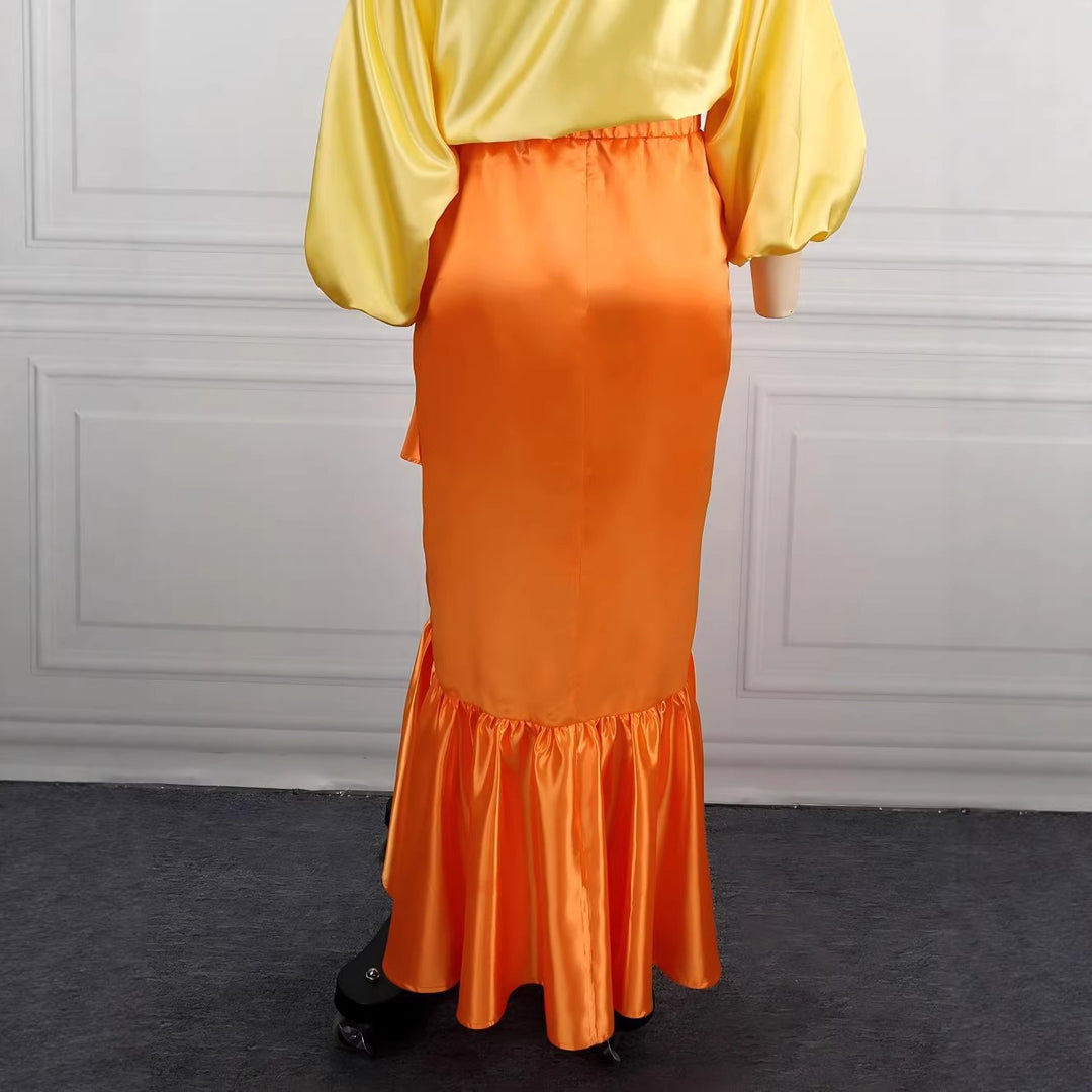 Damen Eleganter Satinrock mit asymmetrischem Design und voluminösem Rüschenabschluss EB