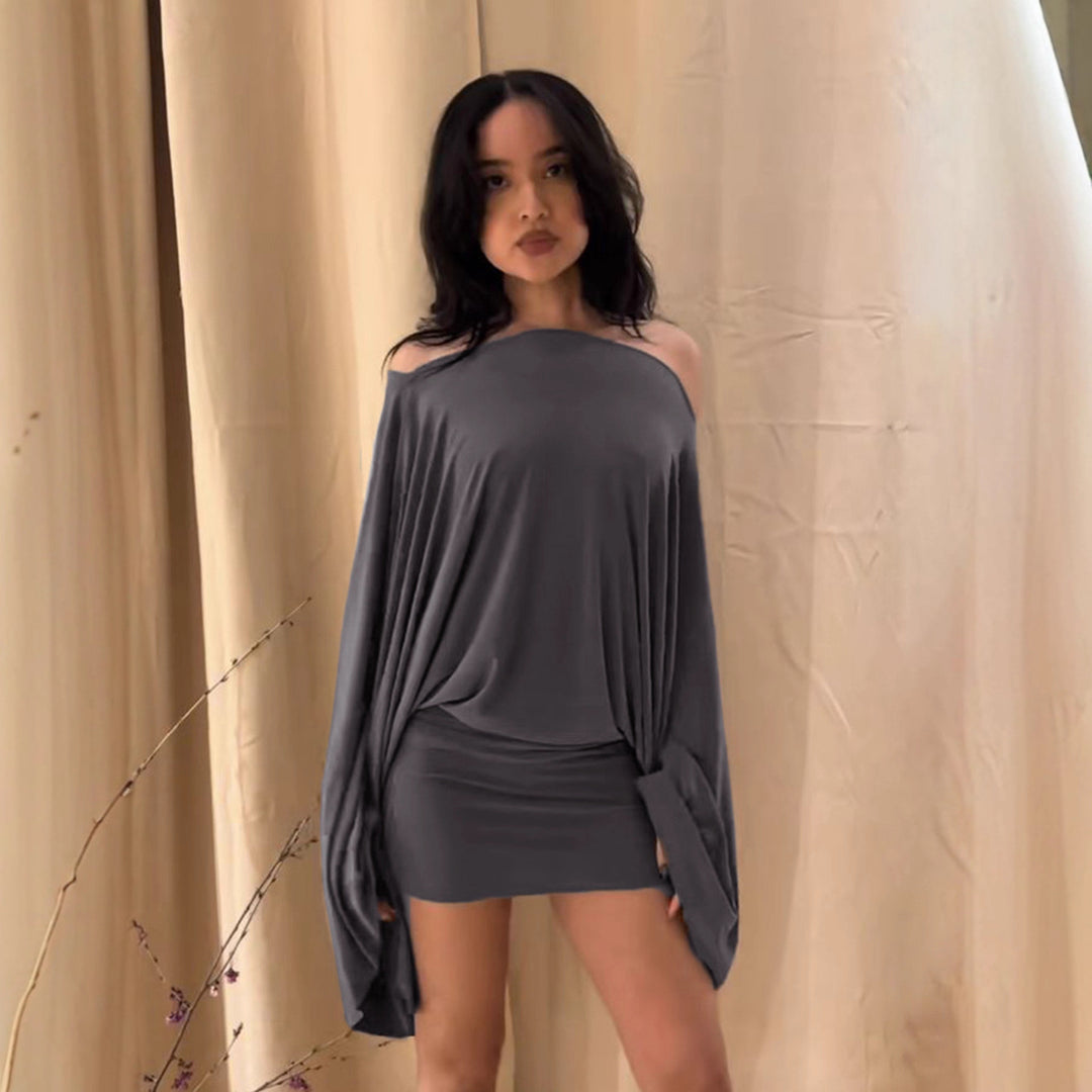 Damen nan schulterfreies Drapiertes Blouson-Top mit weitem Fledermausärmel und tailliertem Bündchen EB