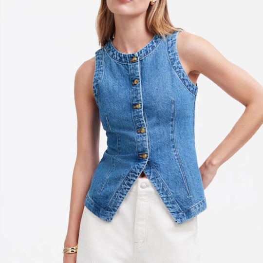 Damen Jeans-Weste mit asymmetrischem Schnitt und dekorativen Knöpfen EB