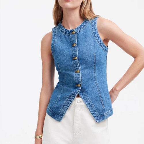 Damen Jeans-Weste mit asymmetrischem Schnitt und dekorativen Knöpfen EB