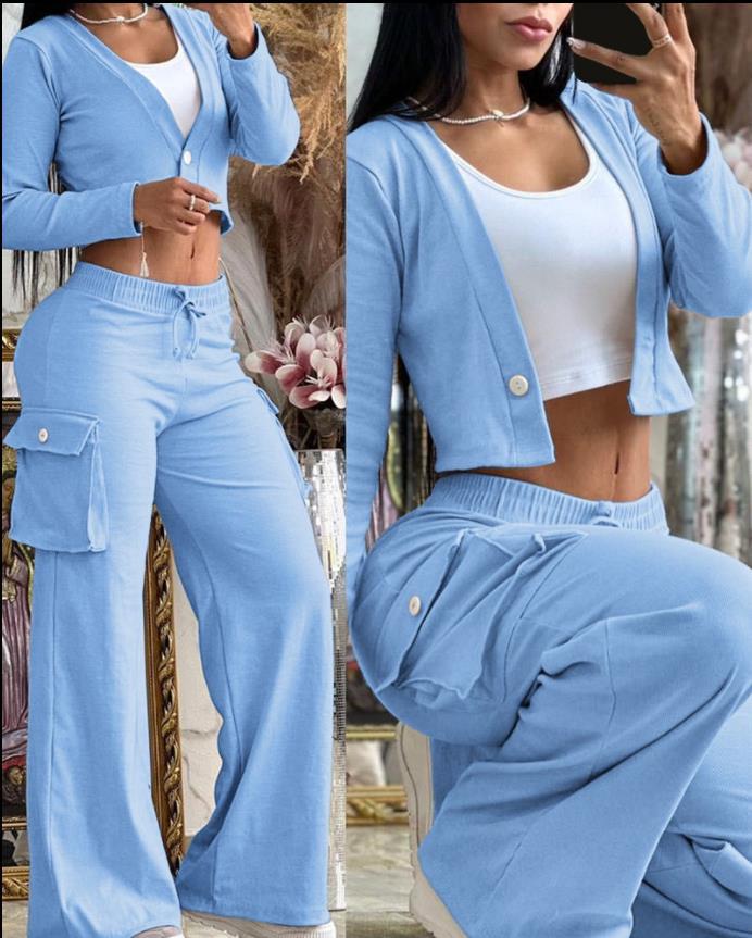 Damen Lounge-Set mit weicher Cargo-Sweathose mit weitem Bein und Cropped-Cardigan EB