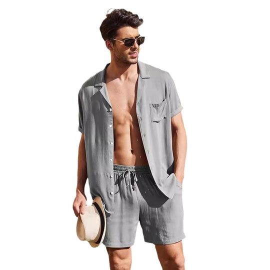 Herren nan zweiteiliges Sommer-Freizeitensemble mit offenem Revershemd und elastischer Kurzhose EB