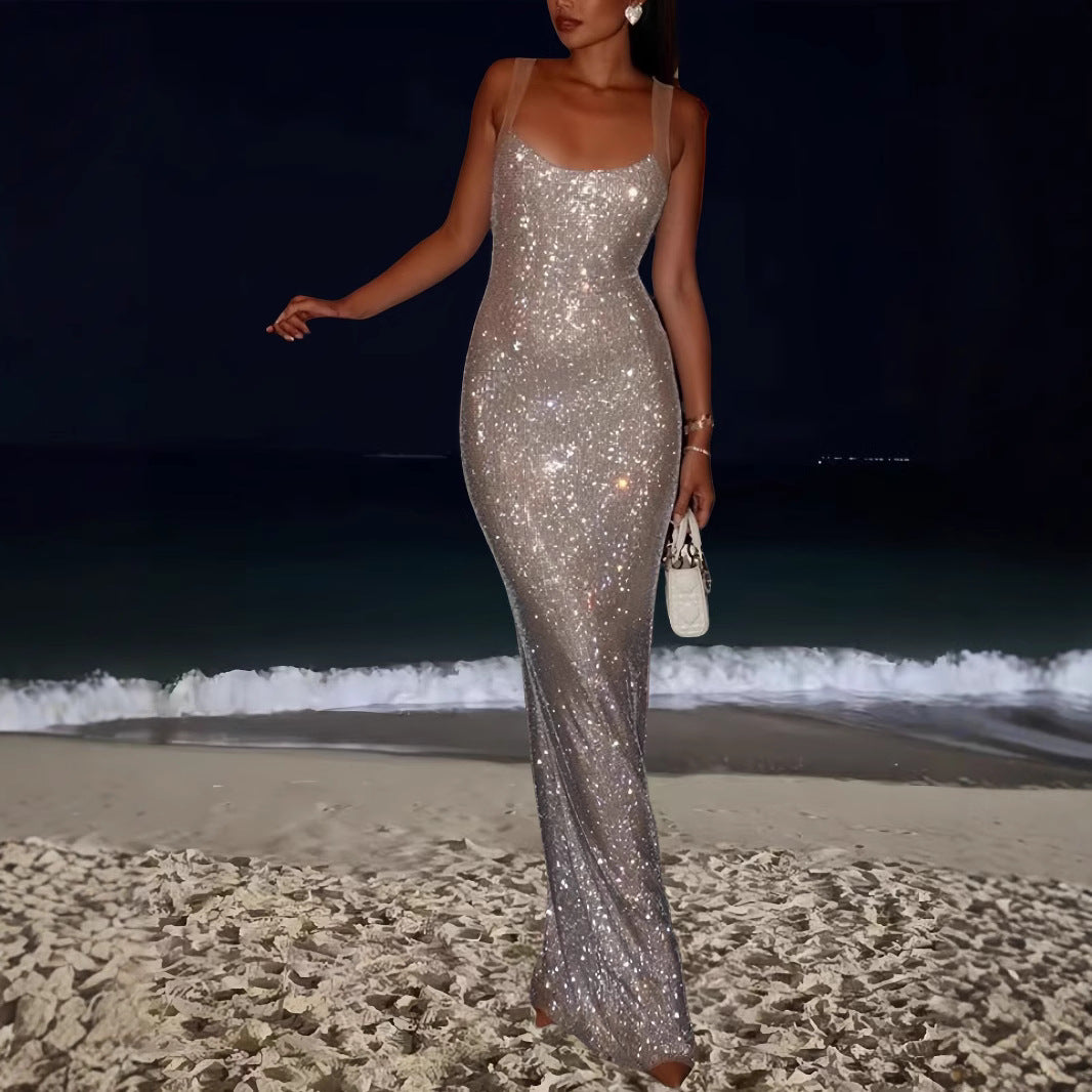 Damen Elegantes Pailletten Maxikleid mit tiefem Rundhalsausschnitt und figurformendem Schnitt EB