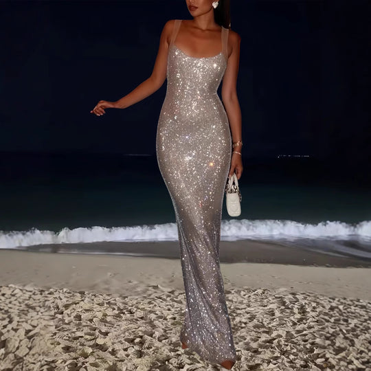 Damen Elegantes Pailletten Maxikleid mit tiefem Rundhalsausschnitt und figurformendem Schnitt EB