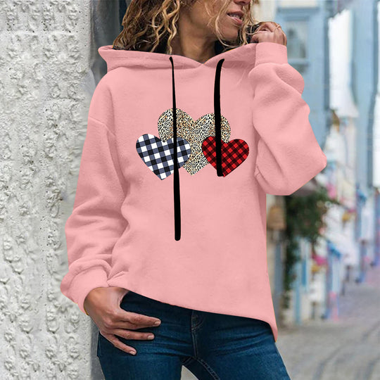 Damen nan lässiger Oversize Kapuzenpullover mit Herz‑und‑Pfotenprint, Kordelzug und gerippten Bündchen EB