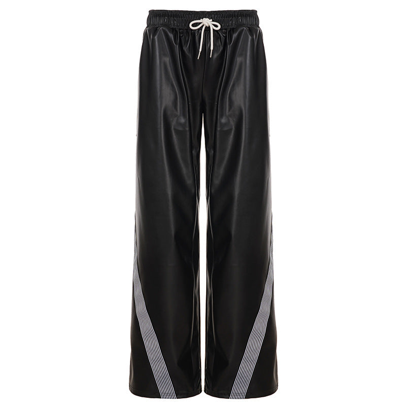 Damen nan weite Kunstleder-Trackpants mit elastischem Bund, Tunnelzug und seitlichen Streifen EB