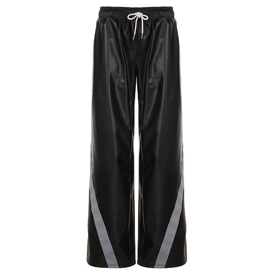 Damen nan weite Kunstleder-Trackpants mit elastischem Bund, Tunnelzug und seitlichen Streifen EB