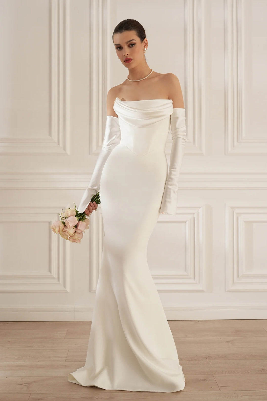 Damen Elegantes Meerjungfrau-Kleid mit schulterfreiem Design und langen Ärmeln EB
