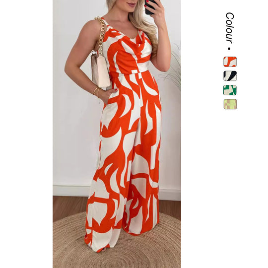 Damen Jumpsuit mit elegantem Wasserfall-Ausschnitt und weitem Bein EB