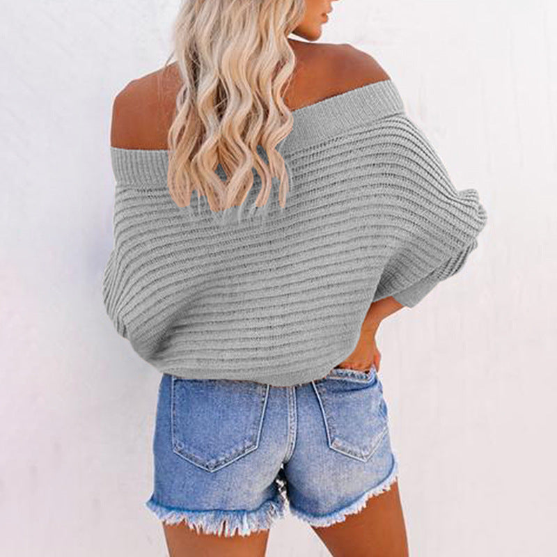 Damen lässiger Pullover mit schulterfreiem Design und strukturiertem Strickmuster EB