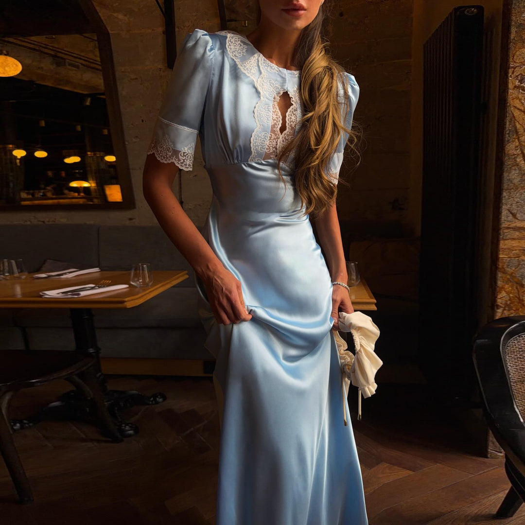 Damen Maxikleid mit eleganten Spitzenakzenten und V-Ausschnitt EB